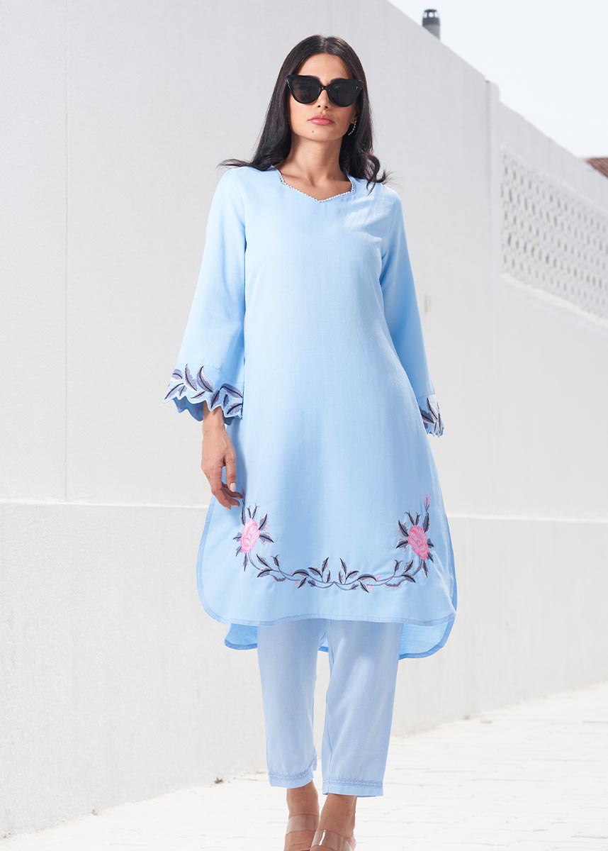 Sky Blue Embroidered Ladies Two Pcs